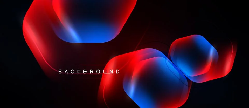 Abstract design features vibrant red, blue glowing shapes. Dark background 库存插图