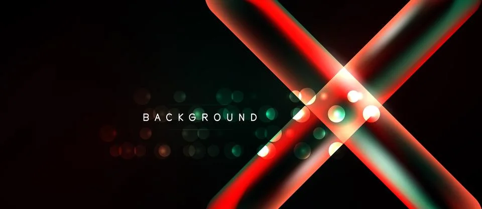 Abstract design features vibrant red, teal lines crossing dark background. Stock Illustration
