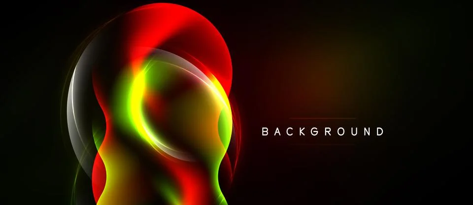 Abstract design features vibrant red, green, yellow light shapes over dark Stock Illustration