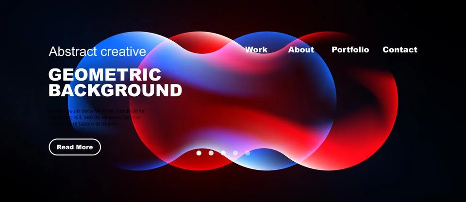 Abstract design features vibrant red, blue shapes. Website header includes Stock Illustration