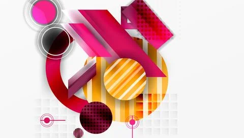 Abstract design features vibrant shapes, circles, stripes. Modern composition Stock Illustration