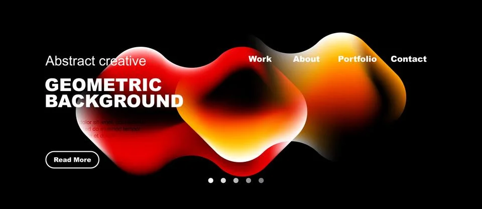 Abstract design features vibrant shapes, text overlays, navigation menu. Dark Stock Illustration