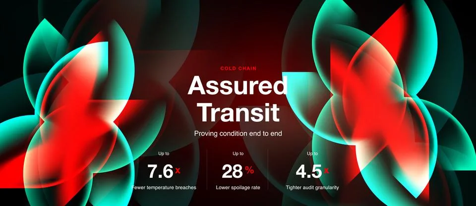 Abstract design features vibrant shapes, text promoting Assured Transit, data Stock Illustration