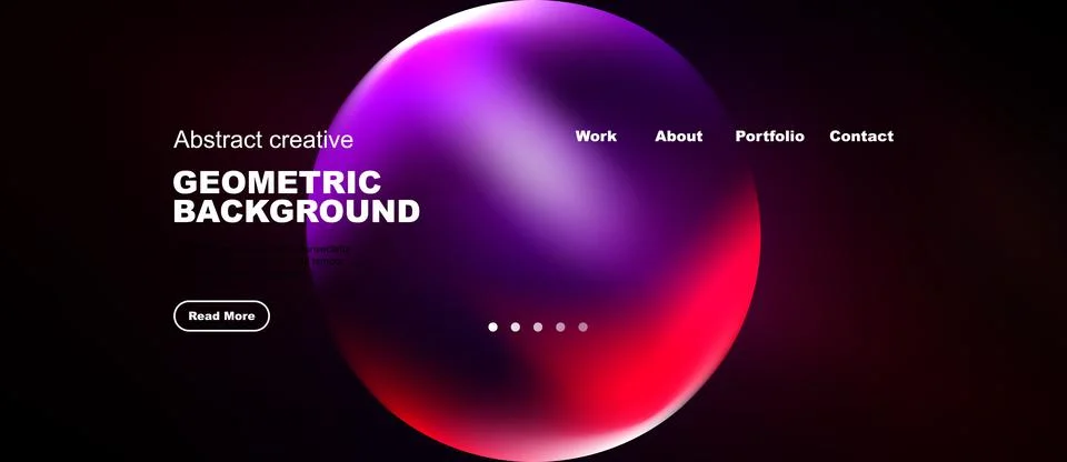 Abstract design features vibrant sphere, text elements, navigation options. Illustrazione stock