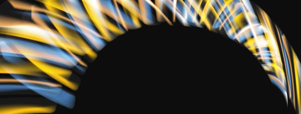 Abstract design features vibrant yellow, blue streaks forming arch over black Stock Illustration