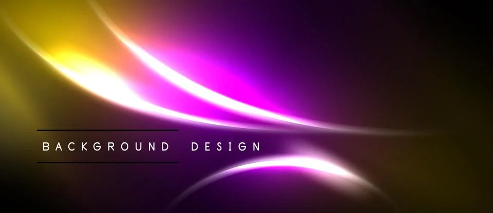 Abstract design features vibrant yellow, purple light streaks. Dark backgroun Ilustração Stock