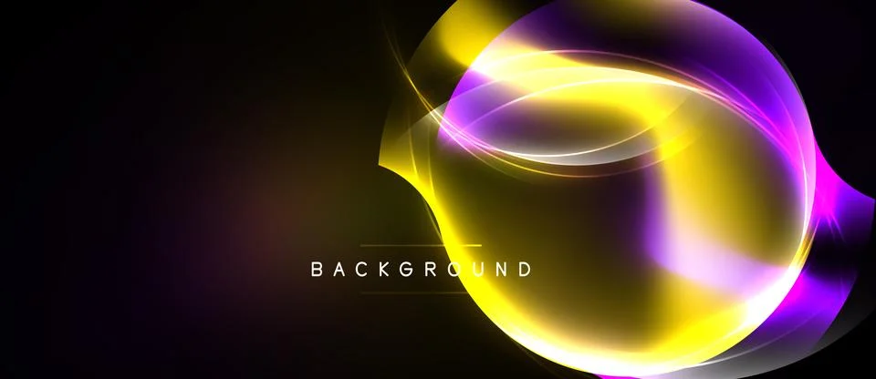 Abstract design features vibrant yellow, purple light curves. Dark background Illustrazione stock