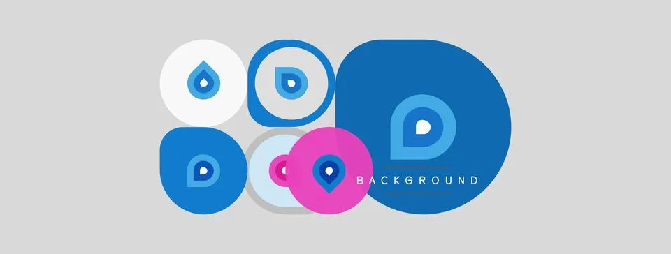 Abstract design features water droplets, circles, varying shades blue, pink, 스톡 일러스트