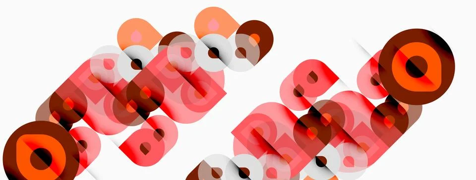 Abstract design featuring overlapping orange circles, squares, rectangles. Illustrazione stock