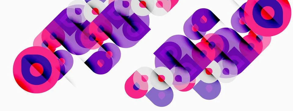 Abstract design featuring overlapping purple, pink circles, text elements. Illustrazione stock
