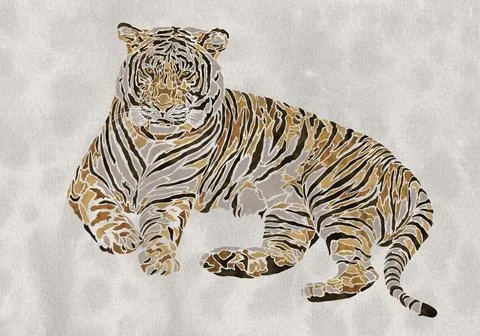 Abstract design of a lying tiger with texture of watercolor stains Stock Illustration