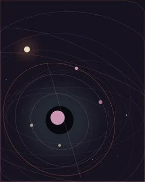 Abstract design with neon orbit lines, glowing dots, and spherical forms on.. Illustrazione stock