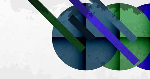 Abstract design. Overlapping circles, rectangles, lines. Blue, green, purple Stock Illustration