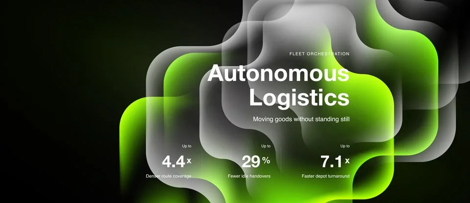 Abstract design showcases autonomous logistics concept. Metrics highlight Stock Illustration