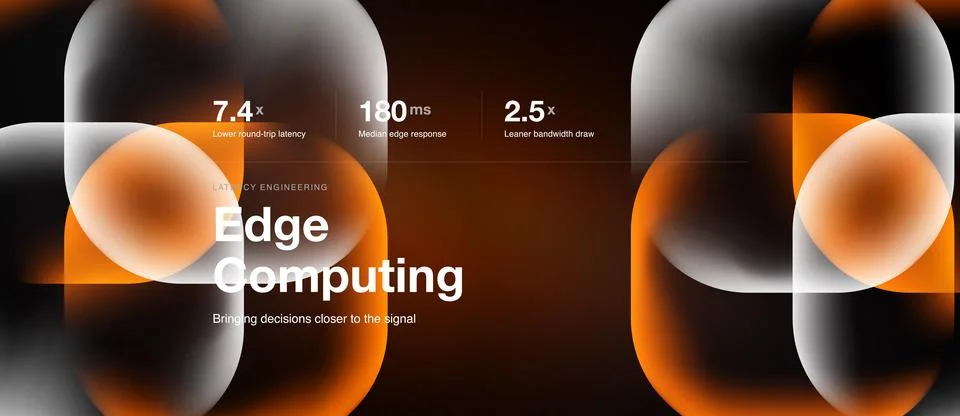 Abstract design showcases edge computing concept. Metrics highlight latency, Stock Illustration