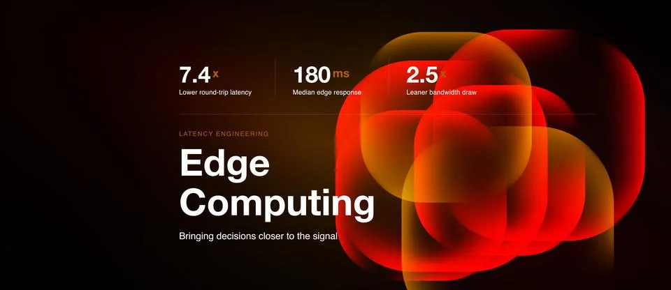 Abstract design showcases edge computing concept. Metrics highlight latency, Stock Illustration