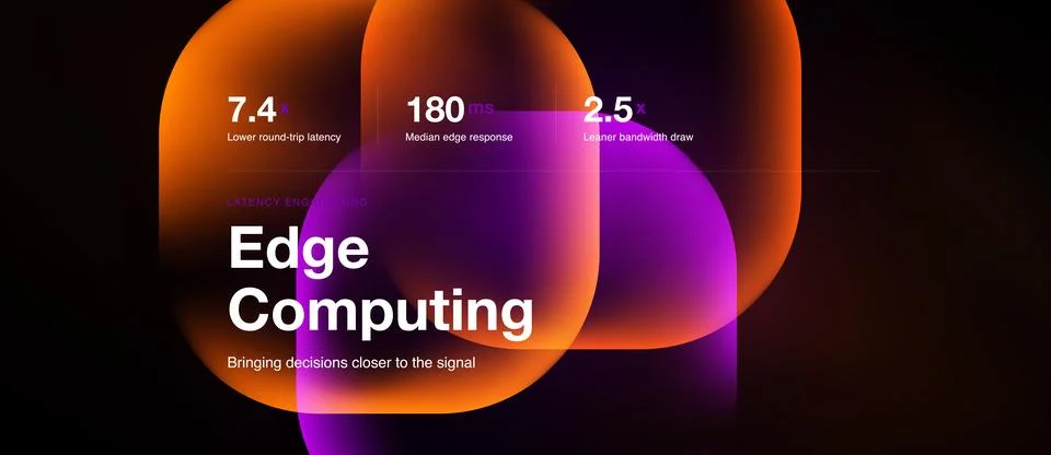 Abstract design showcases edge computing concept. Metrics highlight latency, Stock Illustration