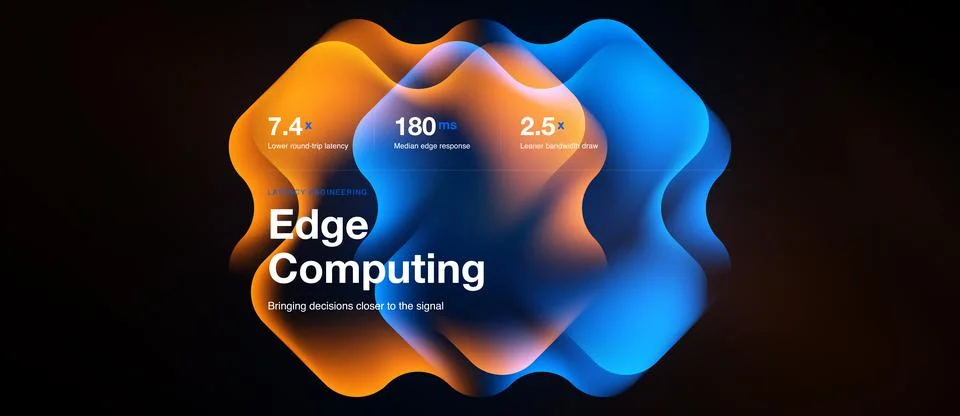 Abstract design showcases edge computing concept. Orange, blue hues dominate Stock Illustration