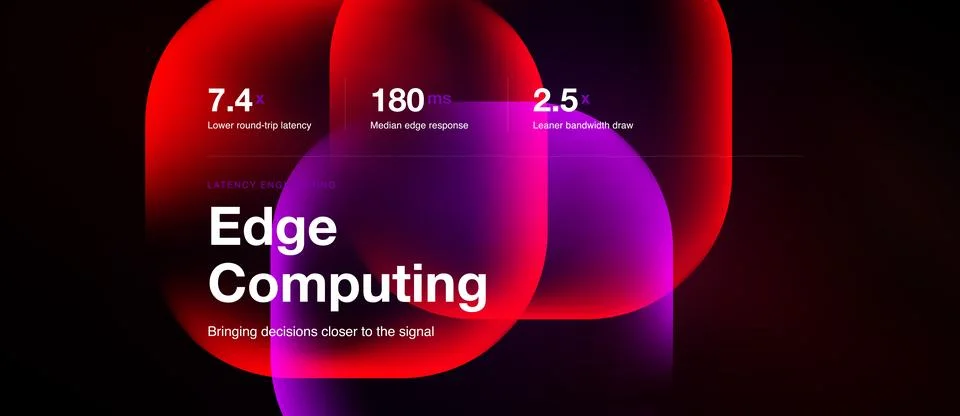 Abstract design showcases edge computing benefits. Metrics highlight latency, 스톡 일러스트