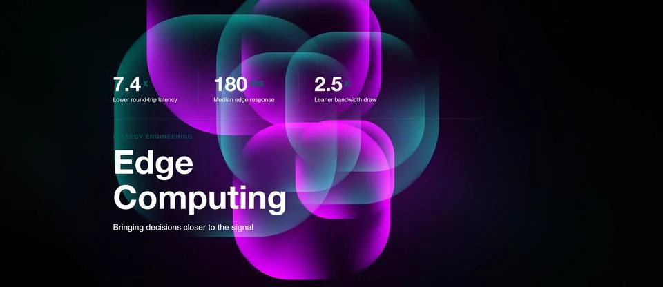 Abstract design showcases edge computing concept. Metrics highlight latency, Stock Illustration