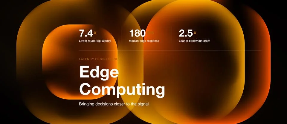 Abstract design showcases edge computing concept. Numbers highlight latency, Stock Illustration
