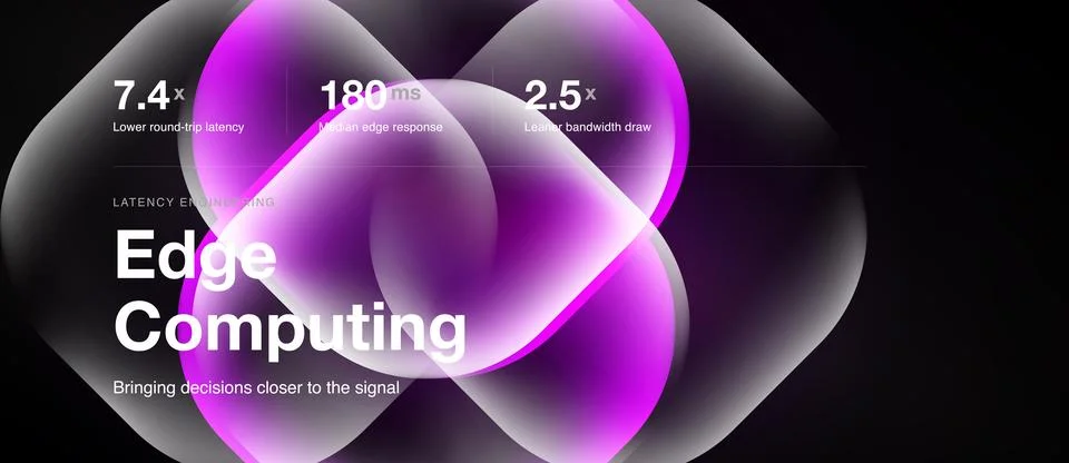 Abstract design showcases edge computing benefits. Metrics highlight latency Stock Illustration