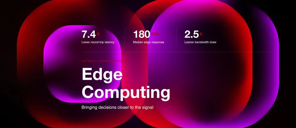 Abstract design showcases edge computing benefits. Metrics highlight latency, Stock Illustration