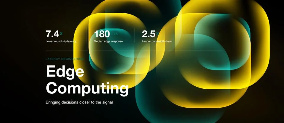 Abstract design showcases edge computing concept. Numbers highlight latency, Stock Illustration