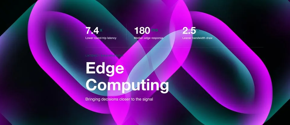 Abstract design showcases edge computing concept. Numbers highlight latency, Stock Illustration