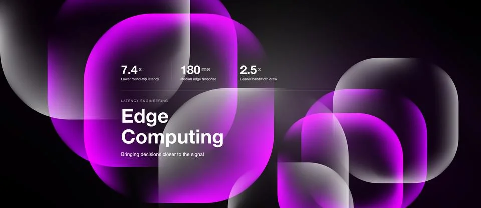 Abstract design showcases edge computing concept. Metrics highlight latency, Illustrazione stock