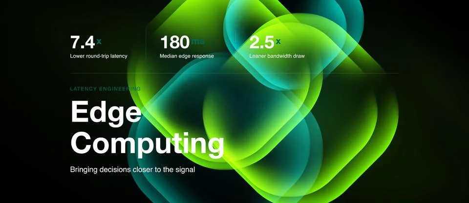 Abstract design showcases edge computing concept. Numbers highlight latency, Illustrazione stock