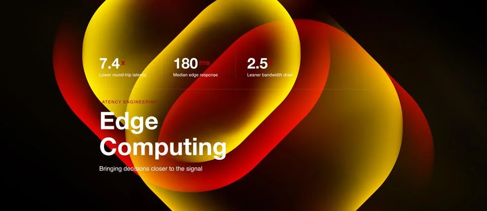 Abstract design showcases edge computing concept. Metrics highlight latency, Illustrazione stock