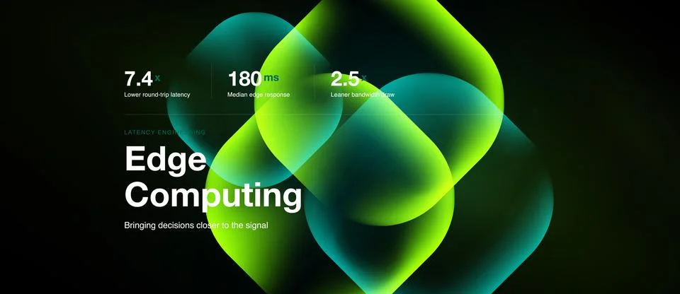 Abstract design showcases edge computing concept. Metrics highlight latency, Stock Illustration
