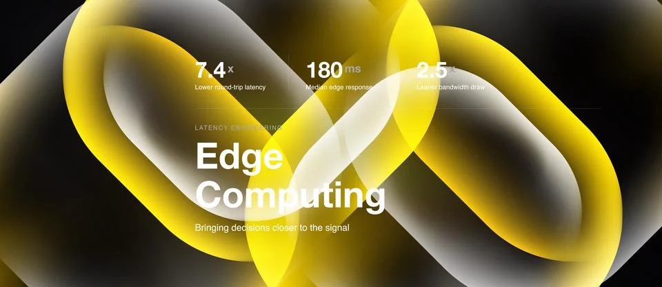 Abstract design showcases edge computing benefits. Numbers highlight latency, 库存插图