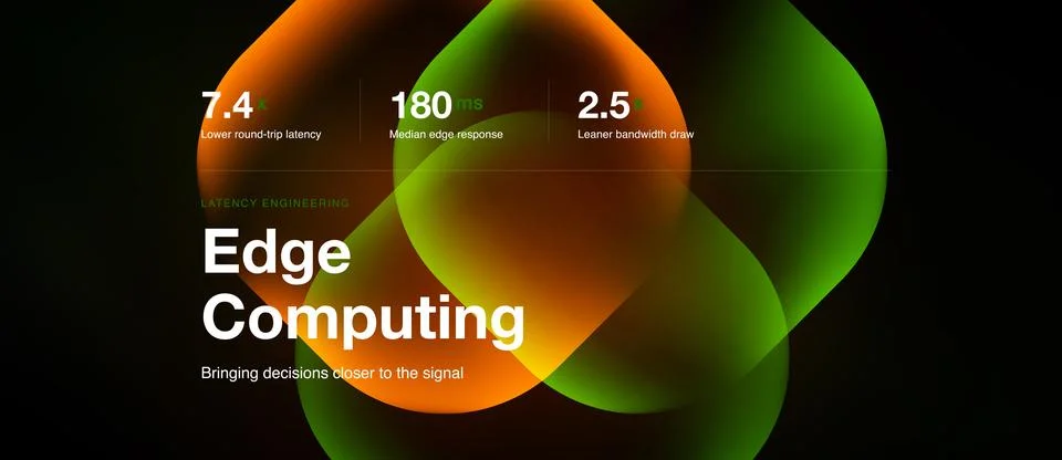 Abstract design showcases edge computing concept. Numbers highlight latency, 库存插图