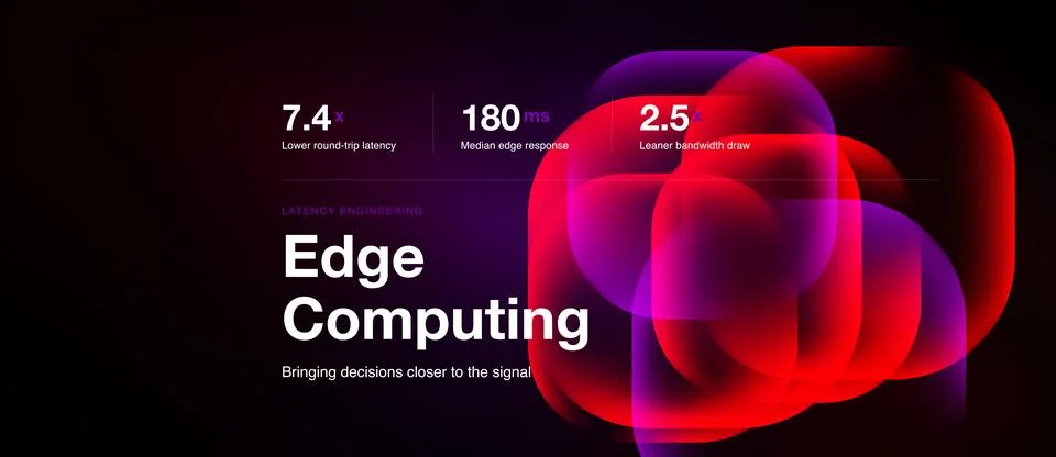 Abstract design showcases edge computing concept. Metrics highlight latency, 库存插图