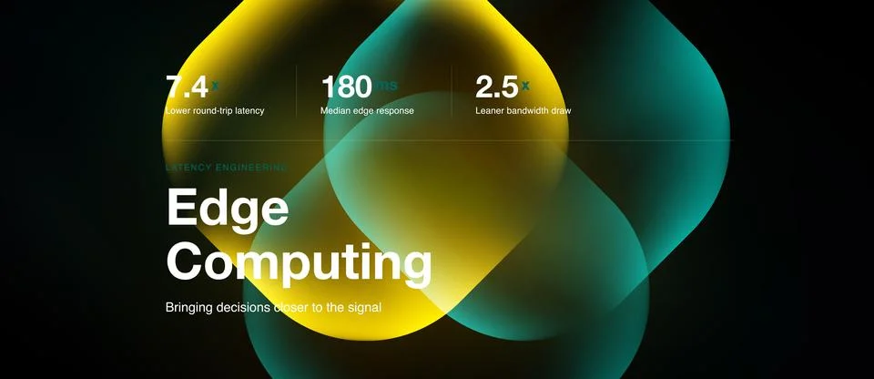 Abstract design showcases edge computing concept. Metrics highlight latency, 库存插图
