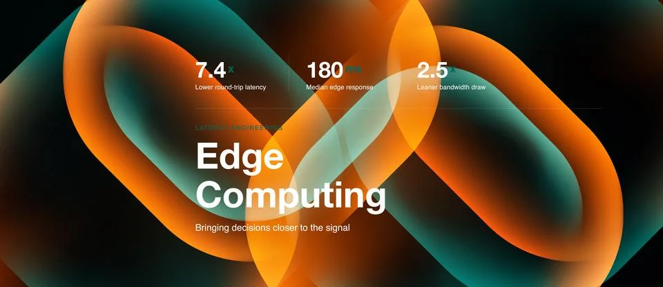 Abstract design showcases edge computing concept. Numbers highlight latency, 库存插图