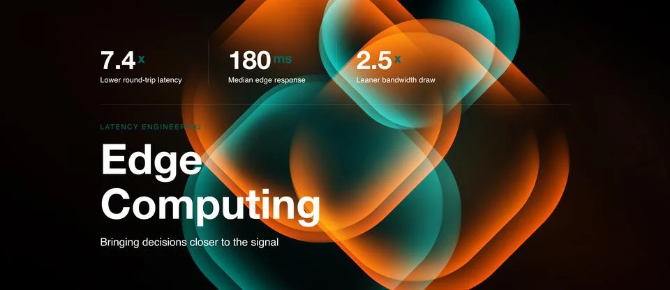 Abstract design showcases edge computing concept. Metrics highlight latency, 库存插图