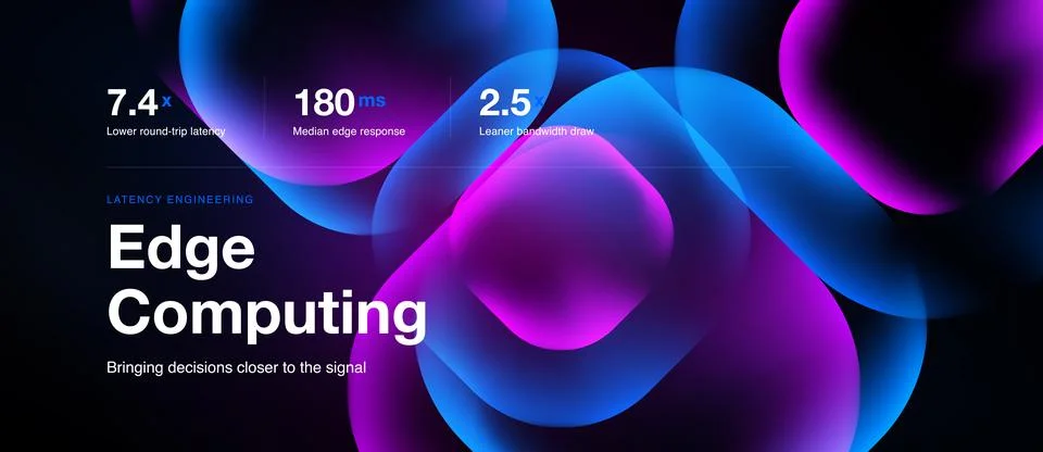 Abstract design showcases edge computing concept. Metrics highlight latency 库存插图