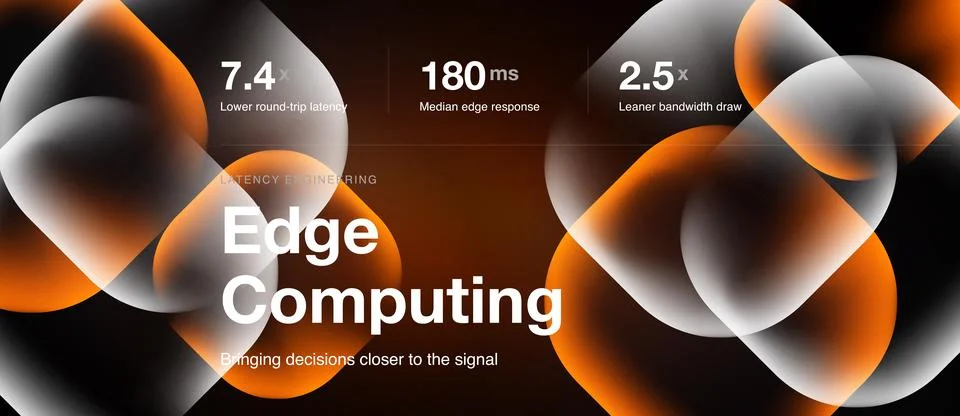 Abstract design showcases edge computing benefits. Metrics highlight latency, Stock Illustration