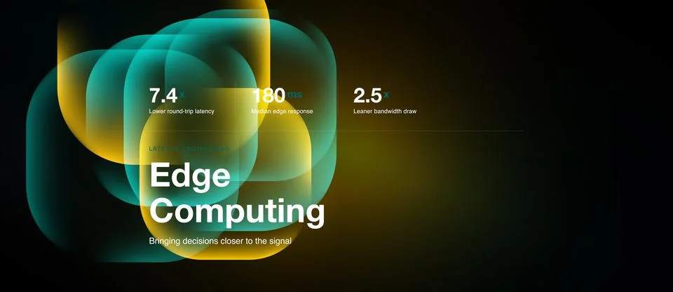 Abstract design showcases edge computing concept. Metrics highlight latency, Stock Illustration