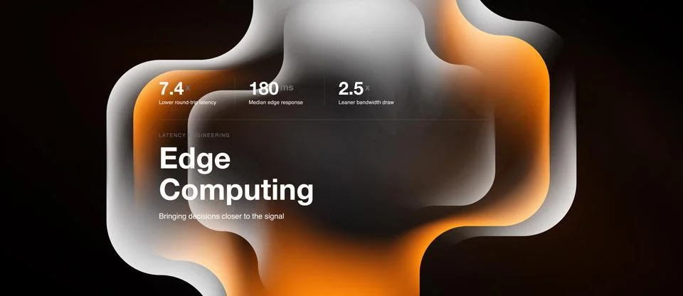 Abstract design showcases edge computing concept. Metrics highlight latency, Stock Illustration