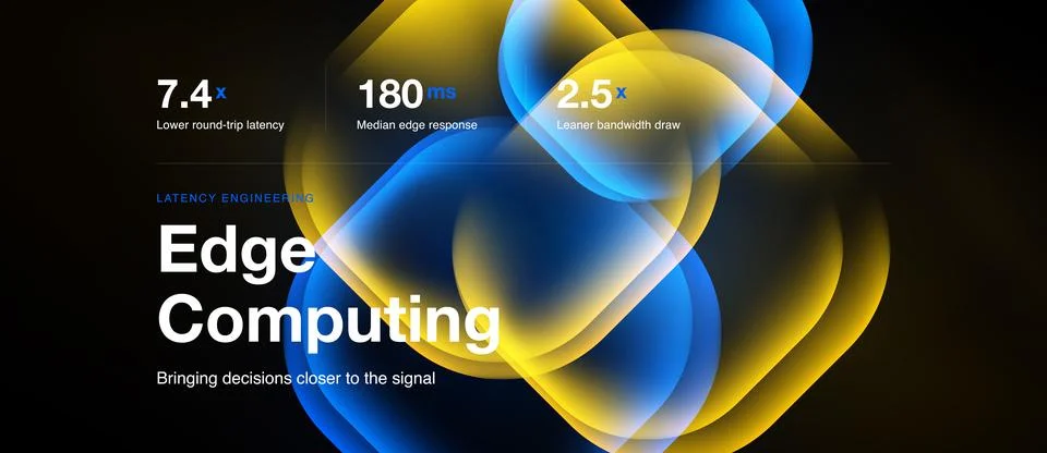 Abstract design showcases edge computing concept. Numbers highlight latency, Stock Illustration