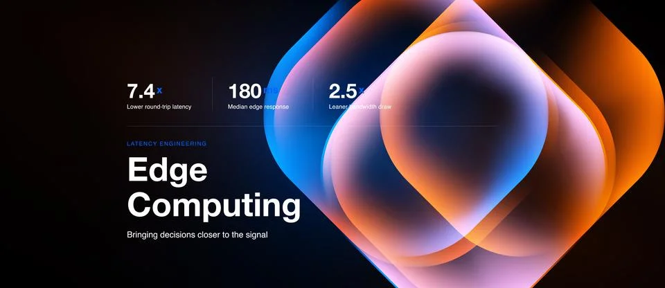 Abstract design showcases edge computing concept. Numbers highlight latency Stock Illustration