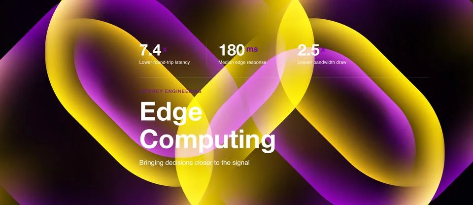Abstract design showcases edge computing concept. Numbers highlight latency, Stock Illustration