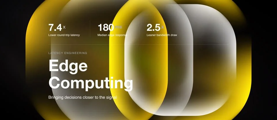 Abstract design showcases edge computing concept. Metrics highlight latency, Stock Illustration