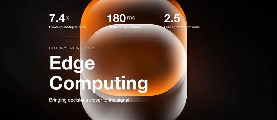 Abstract design showcases edge computing concept. Metrics highlight latency Stock Illustration
