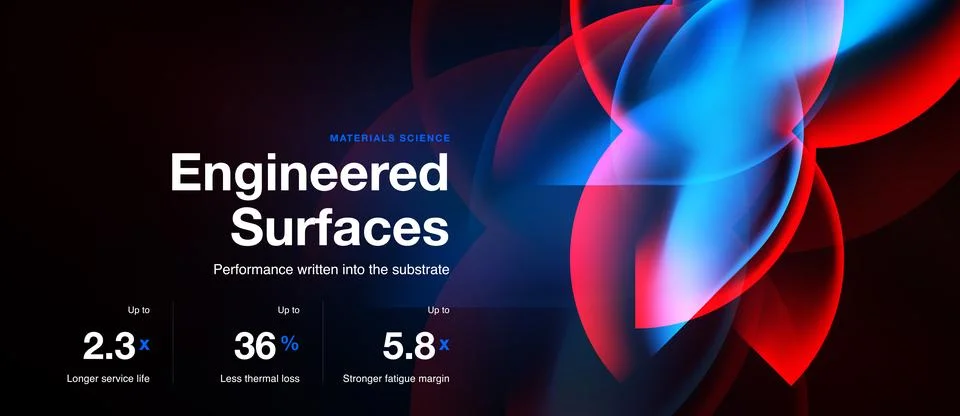 Abstract design showcases engineered surfaces, performance metrics. Blue, red Stock Illustration