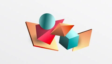 Abstract design showcasing isometric cubes, pyramids, squares, and spheres in a Stock Illustration